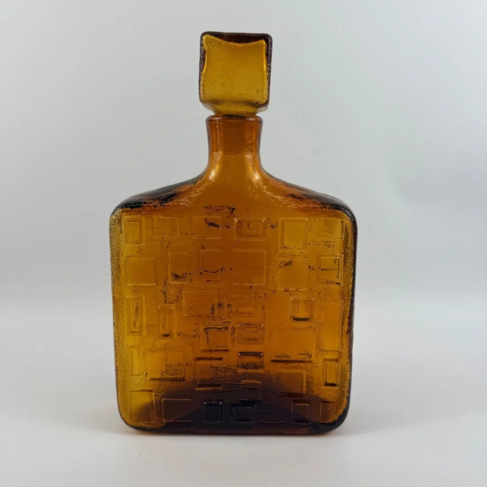 Empoli Brutalist Amber Art Glass Decanter Geometric Bottle Italy MCM